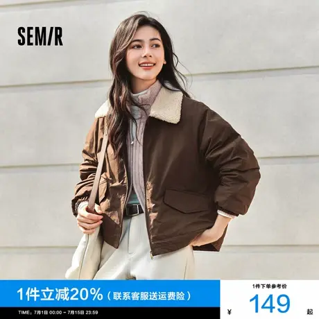 森马外套女oversize插肩袖仿羊羔毛毛领冬季2024新款夹棉夹克复古商品大图