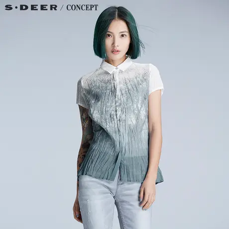 sdeer圣迪奥女夏清冷色调氤氲印花清透短袖衬衫S16280434图片