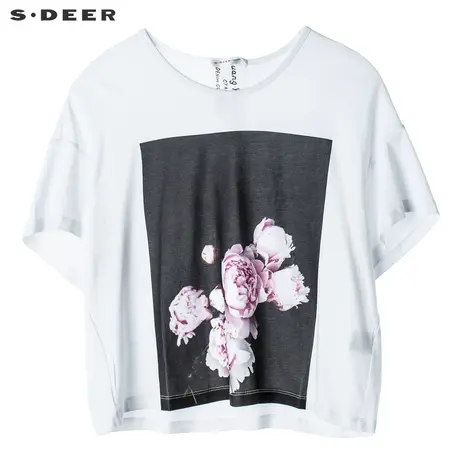 sdeer圣迪奥女夏季新款休闲简约圆领植物印花短袖T恤S18280199图片