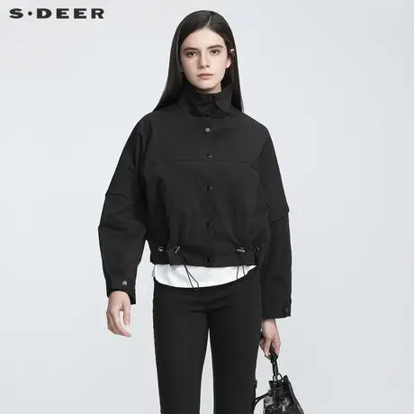 sdeer圣迪奥春秋装时尚立领收腰宽松拼接短款外套S21182211图片