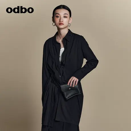 odbo 不对称设计感小众长款收腰衬衫女早春新款别致上衣黑色图片