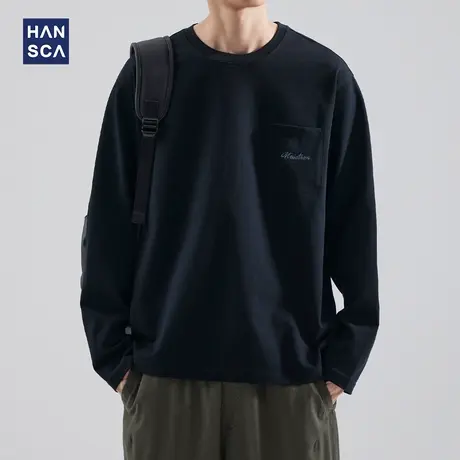 hansca 300g重磅长袖t恤男士宽松口袋刺绣体恤2024年秋季休闲上衣商品大图
