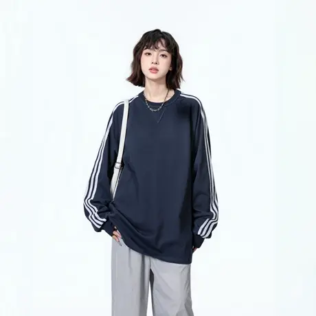 复古纯色插肩袖圆领卫衣女春秋2025新款条纹长袖宽松套头无帽上衣图片