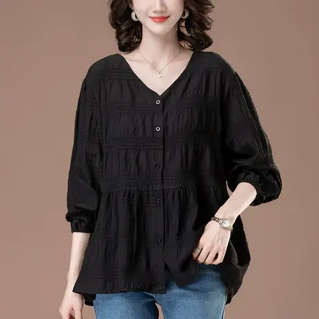 长袖雪纺衬衫女春秋宽松加肥加大码女装中年妈妈休闲遮肚v领上衣图片