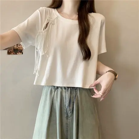 流苏盘扣短袖T恤女夏装2025新款修身短款半袖新中式国风插肩上衣图片