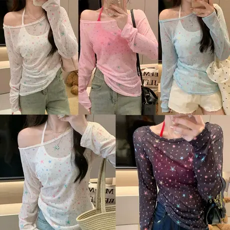 2025春夏季薄款星星图案辣妹一字肩长袖罩衫防晒设计感T恤上衣潮商品大图
