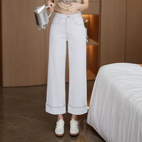 翻边九分窄版软牛仔裤女2025夏季水洗棉高腰直筒裤宽松显瘦阔腿裤图片