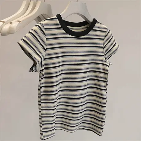 ins超火复古港风短袖T恤女夏季韩版修身撞色条纹设计感短款上衣潮图片