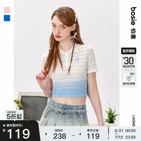 【商场同款】bosie2025年夏季新款渐变镂空短袖毛衫女潮流百搭潮商品大图