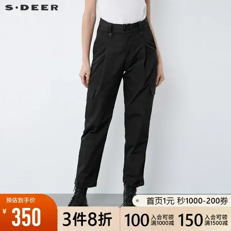 sdeer圣迪奥2021新品女装腰带拼接立体口袋工装黑色长裤S21480834🏦商品大图