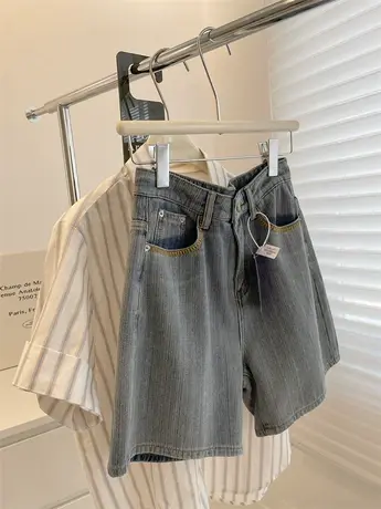 复古蓝高腰牛仔短裤女！夏季百搭显瘦直筒休闲中裤阔腿五分裤学生图片