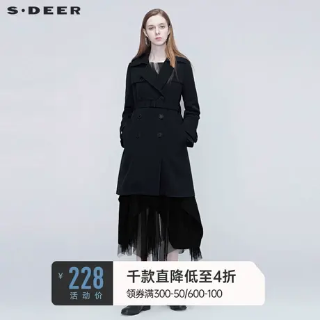 sdeer圣迪奥秋装女装休闲收腰通勤黑色双排扣中长款风衣S20381702🔜商品大图