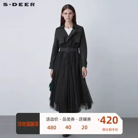 sdeer圣迪奥女装休闲翻领网纱拼接收腰长款风衣S21181819🔈商品大图