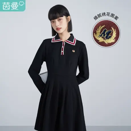 茵曼蝴蝶结连衣裙女夏季2023年新款收腰撞色POLO翻领百搭a字长裙图片