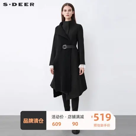 sdeer圣迪奥女装时尚立领针织拼接收腰不规则毛呢大衣S21481865🤡商品大图