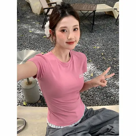 尔给T恤甜妹收腰短袖圆领T恤女时尚显瘦百搭上衣女图片