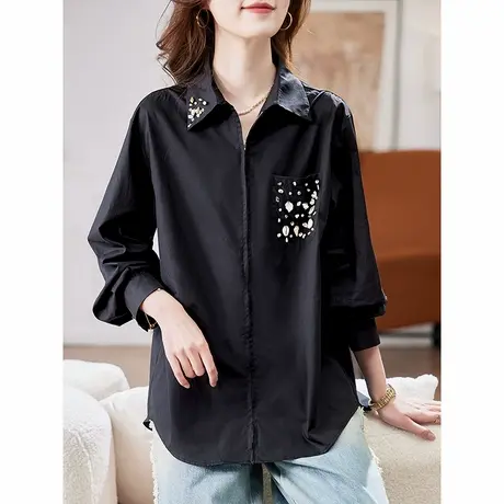 宝诗黎翻领钉珠棉质长袖衬衫2025春季宽松简约百搭时尚黑色衬衣商品大图