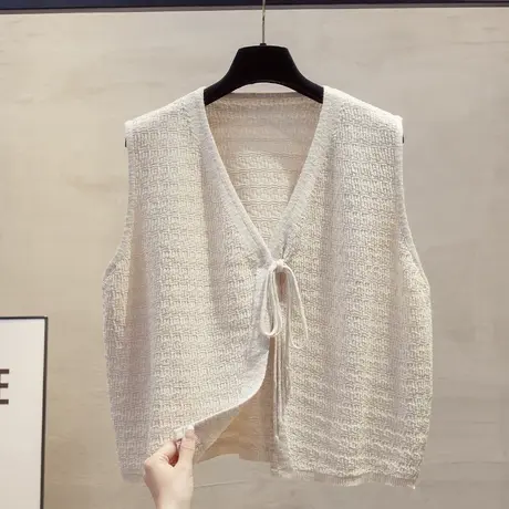 系带开衫竹节麻针织马甲背心女2025春秋新款宽松外穿马夹毛衣坎肩商品大图