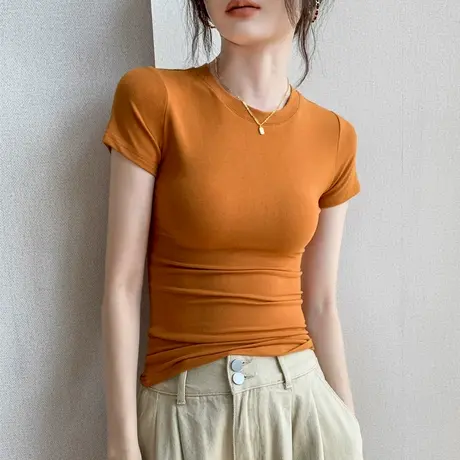 正肩短袖t恤女2025新款小圆领透气基础款内搭修身显瘦橘色打底衫图片