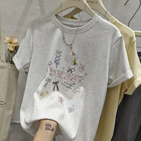 韩系chic刺绣字母小清新宽松纯棉短袖T恤2025夏季上衣显瘦体恤衫图片