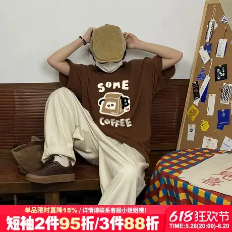 2025新款美式复古风大版宽松咖啡色短袖t恤女小众卡通半袖上衣夏图片