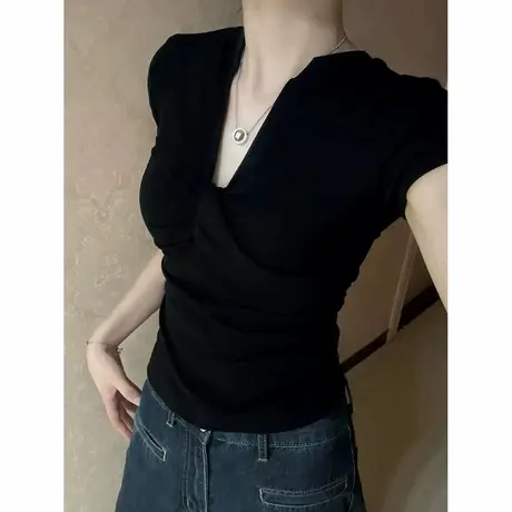 黑色高级感一字斜肩短袖T恤女夏季韩版修身内搭打底衫辣妹上衣潮图片