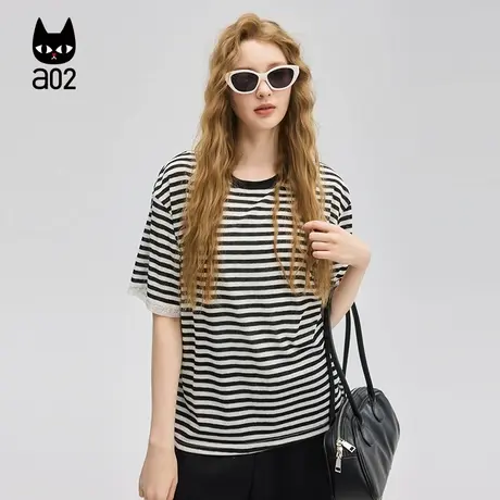 a02甜美风蕾丝拼接宽松圆领条纹短袖女T恤2025新款夏季薄款设计感商品大图