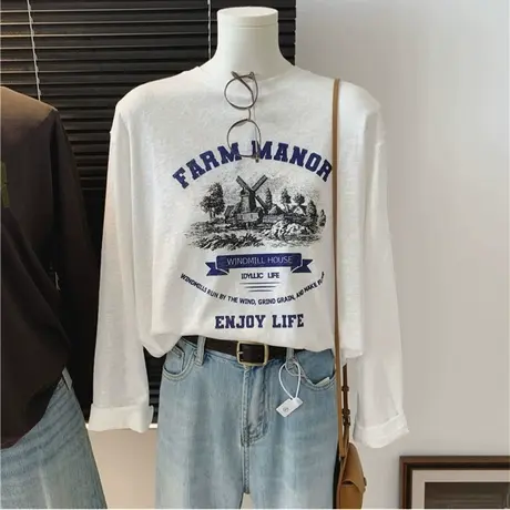 风车城堡薄款雪花棉春秋季宽松休闲百搭显瘦长袖内搭时尚复古T恤图片
