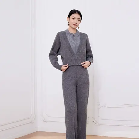 希区瑞普2024新款针织衫女半高领假毛衣休闲裤两件套秋冬洋气灰色商品大图
