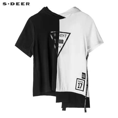 sdeer圣迪奥前卫撞色拼接字母飘带不规则下摆连帽短袖女S18280101图片