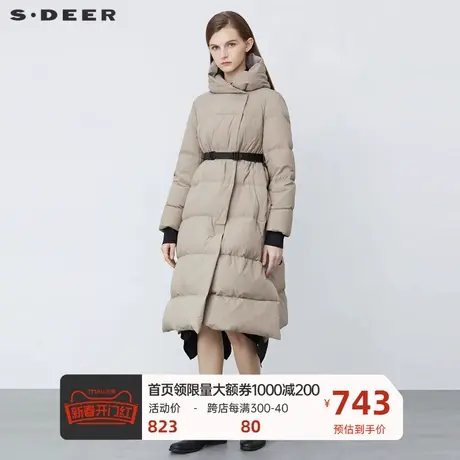 sdeer圣迪奥女装高领连帽收腰罗纹拼接长款羽绒服S21482468图片