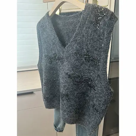 时尚设计感亮片针织马甲背心女2025年新款春装V领外搭马夹上衣潮商品大图