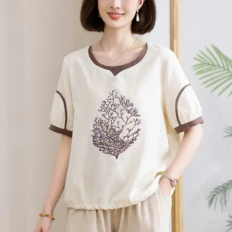 短袖t恤女夏季新款大码女装宽松中老年妈妈纯棉文艺刺绣圆领上衣图片