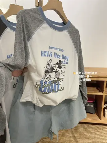 懒人一件套！柔软雪花棉卡通撞色插肩袖长袖T恤中长款度假防晒衣商品大图