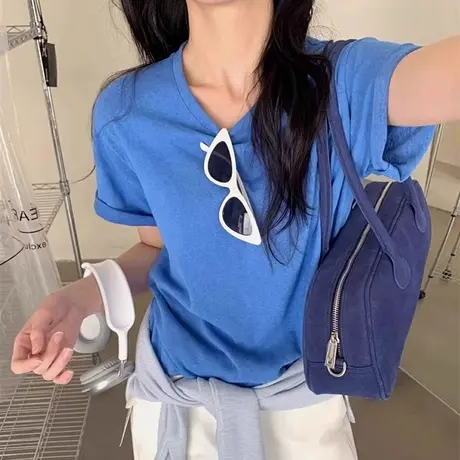 夏季2025新款圆领正肩短袖T恤女宽松韩版薄款打底衫内搭外穿上衣图片