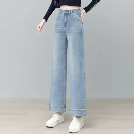 夏季新款复古蓝牛仔直筒裤女高腰显瘦阔腿裤百搭休闲轻薄九分裤图片
