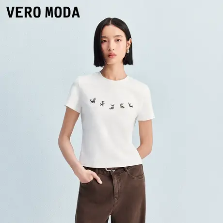 Vero ModaT恤女2025秋季新款含棉小狗印花圆领百搭上衣325301025商品大图