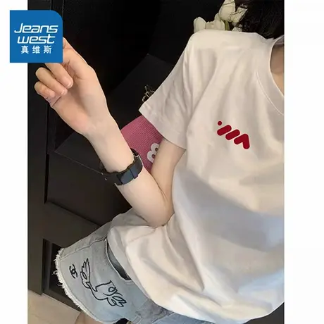 KMV真维斯白色纯棉短袖t恤女2025新款夏季宽松慵懒感显瘦半袖体恤商品大图