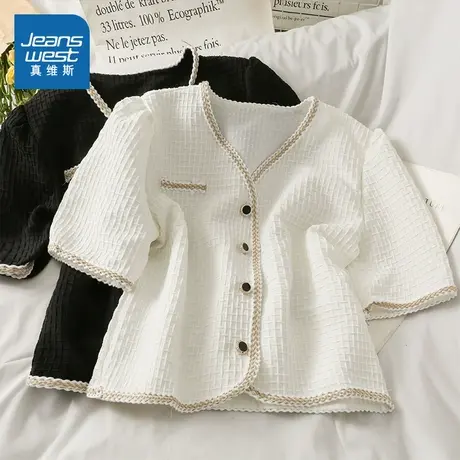 LE真维斯女装短袖衬衫2025春季新款文艺温柔风时髦宽松开衫上衣女商品大图