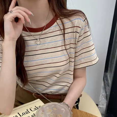 夏季2025新款纯棉短袖T恤女宽松韩版设计感小众条纹正肩半袖上衣图片