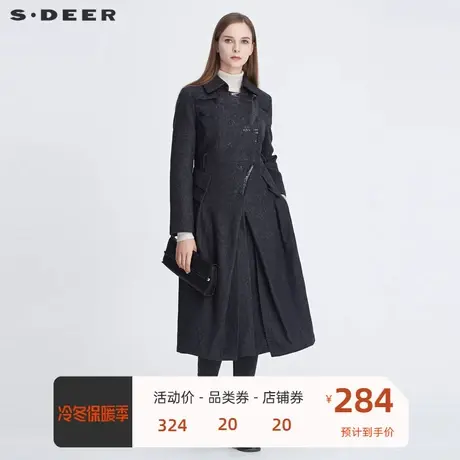 sdeer圣迪奥新品女装休闲翻领印花收腰不规则毛呢大衣S20481805🕍商品大图