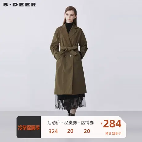 sdeer圣迪奥女装西装领双排扣暗条纹收腰长款风衣S21361803🔌商品大图