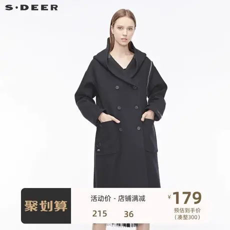 sdeer圣迪奥风衣外套女连帽双排扣拉链拼接字母纯黑大衣S19481837🤥商品大图