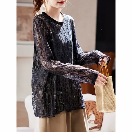 宝诗黎圆领亮丝镂空蕾丝衫2025春季宽松慵懒气质百搭休闲罩衫上衣商品大图