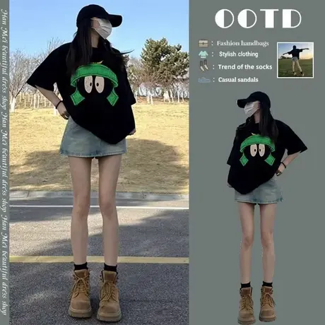 美式复古黑色纯棉短袖t恤女港风chic宽松半袖夏季2025新款上衣潮图片