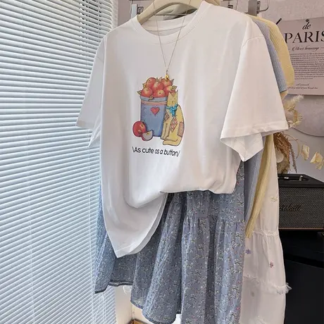 宽松休闲立体装饰拼接小猫印花短袖T恤女薄 白色灰色体恤上衣图片