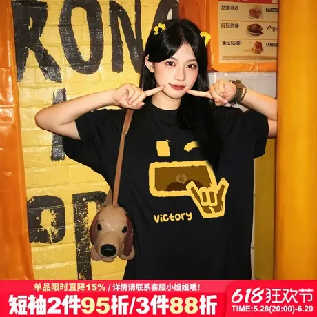 oversize宽松大版黑色短袖t恤女美式超火设计感复古风重磅上衣潮商品大图