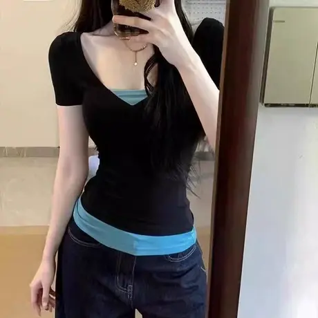 韩系高级感短袖T恤女夏季韩版修身内搭打底衫假两件甜辣妹上衣潮商品大图