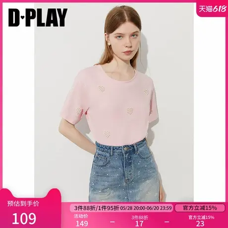 DPLAY2025年夏季新款粉色T恤女圆领正肩宽松珍珠爱心气质上衣图片