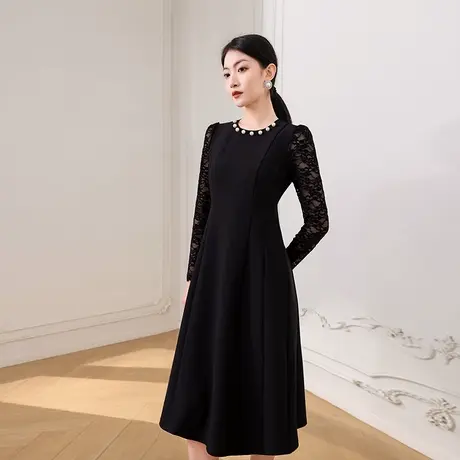 希区瑞普新款长袖赫本小黑裙收腰显瘦珍珠黑色蕾丝内搭连衣裙商品大图